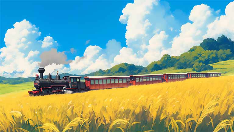 ghibli style steam train summer fields wallpaper cover