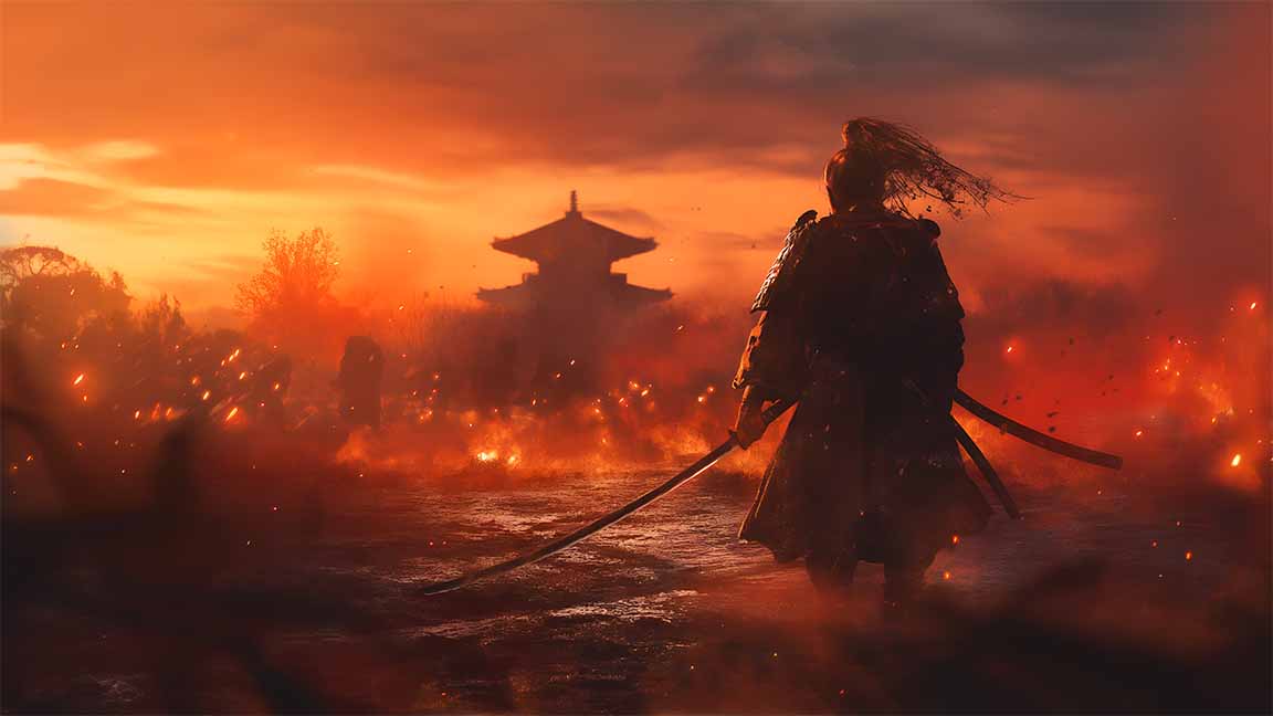 ghost of tsushima burning village sunset samurai desktop wallpaper cover