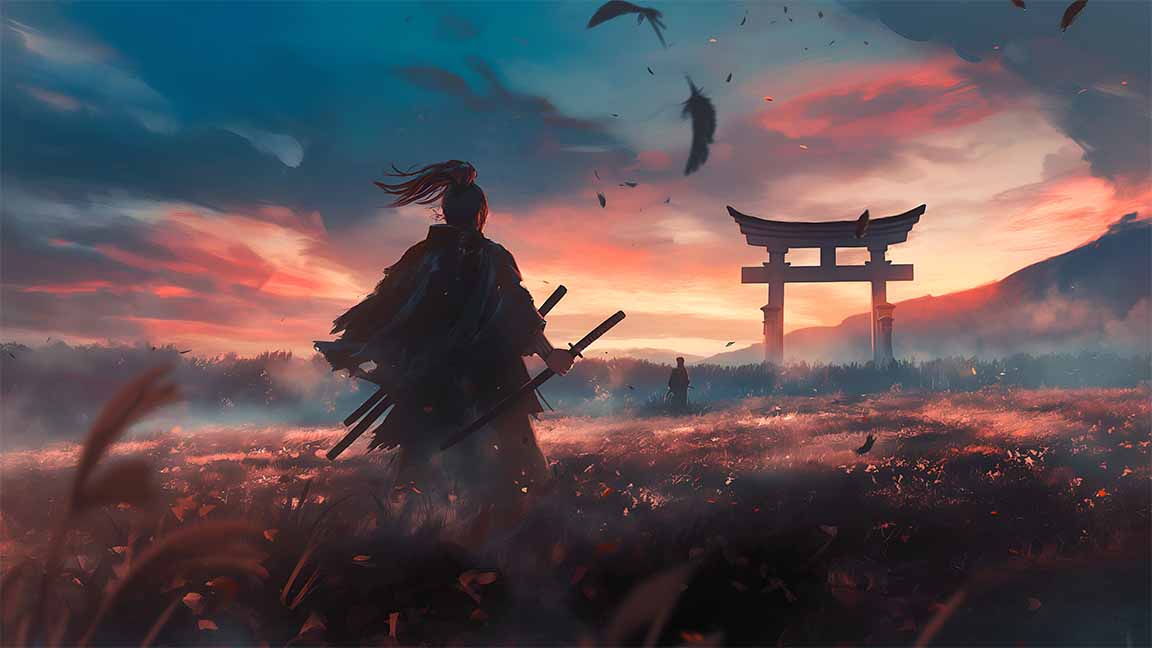 ghost of tsushima samurai sunset scene desktop wallpaper cover