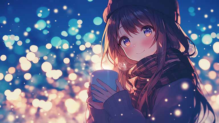 girl with mug in winter lights desktop wallpaper cover