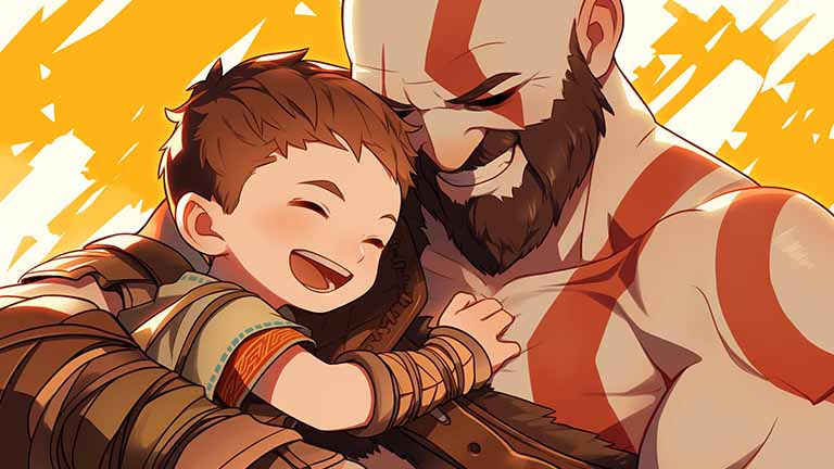 god of war kratos atreus hug desktop wallpaper cover