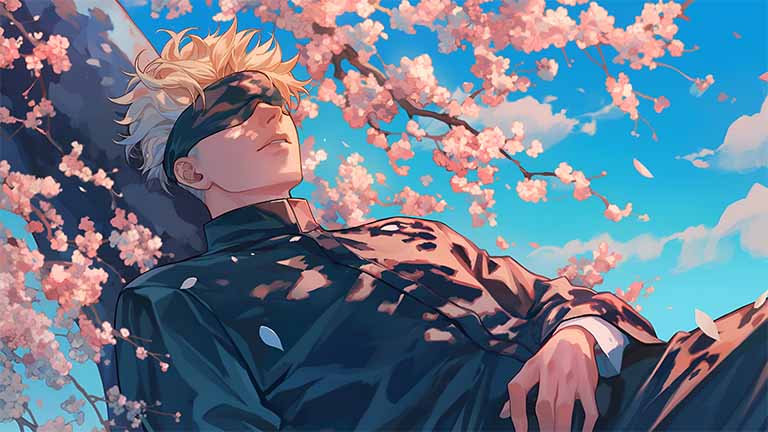 gojo satoru sakura anime pc desktop laptop wallpaper cover