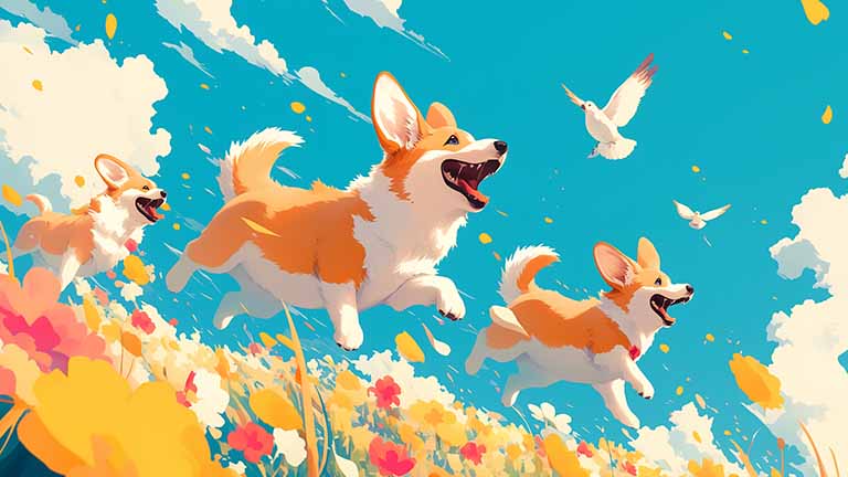 happy corgis in flower field desktop wallpaper cover