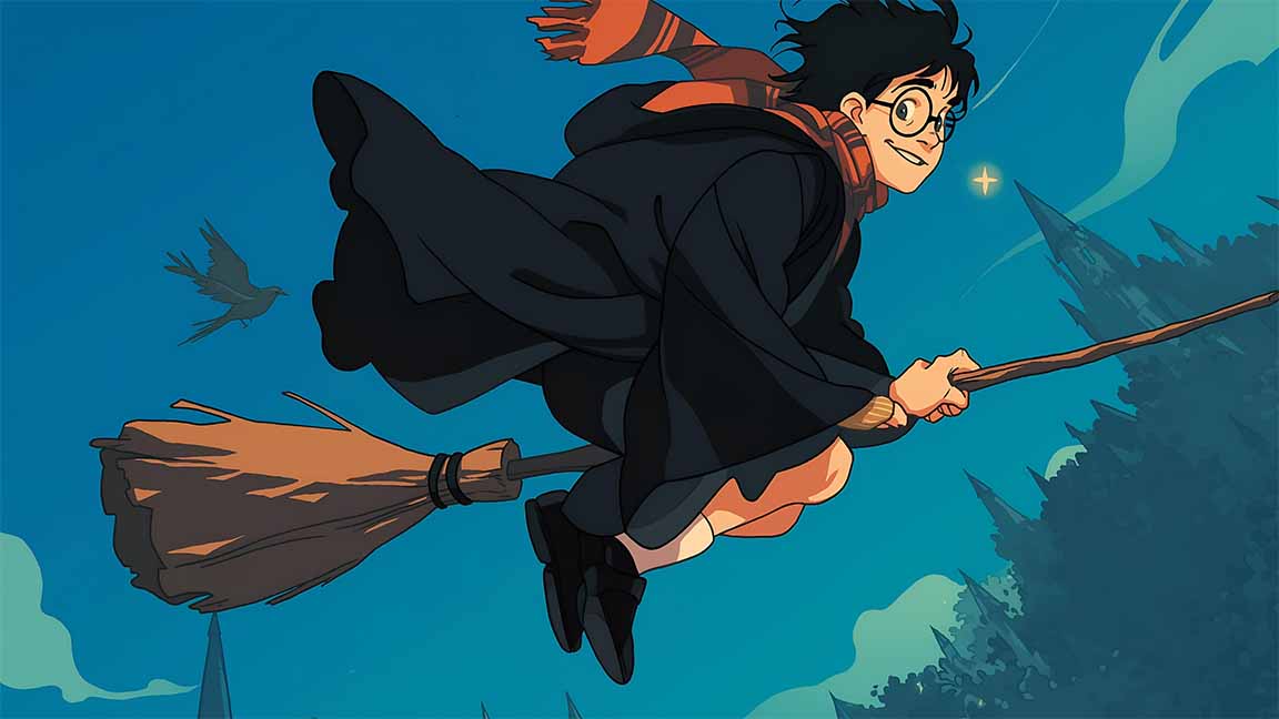 harry potter flying on broomstick desktop wallpaper cover