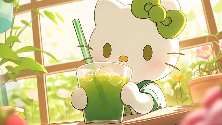 hello kitty matcha latte desktop wallpaper cover