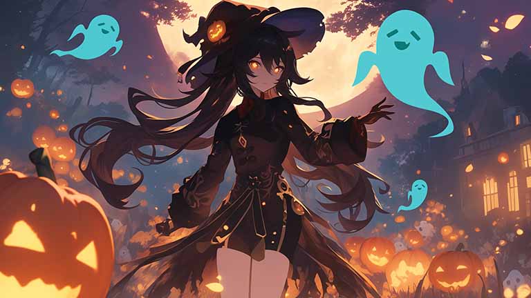 hu tao ghosts and pumpkins desktop wallpaper cover