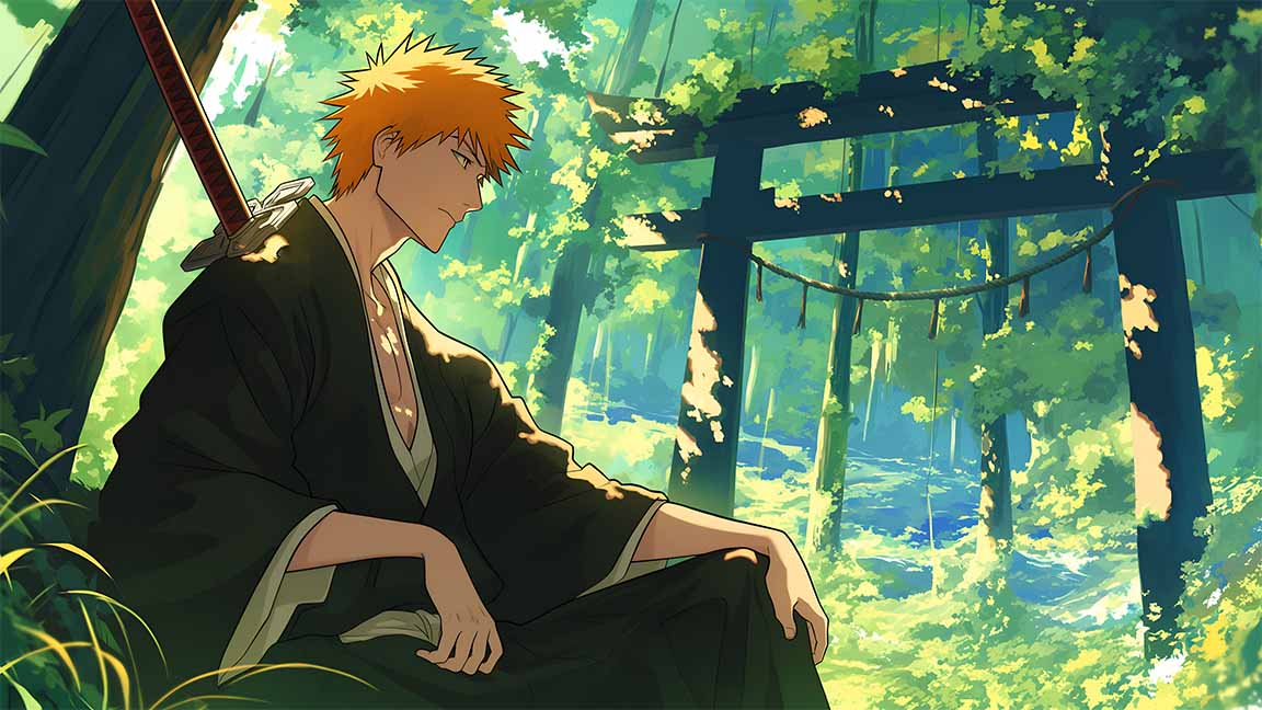 ichigo kurosaki forest shrine scene desktop wallpaper cover