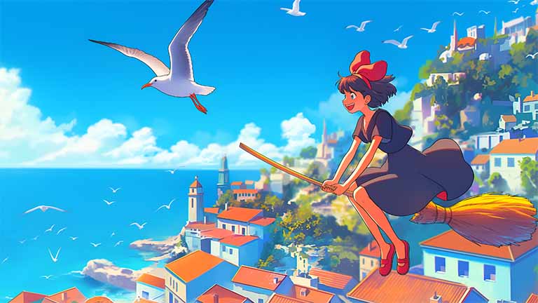 kiki ghibli broom flight desktop wallpaper cover