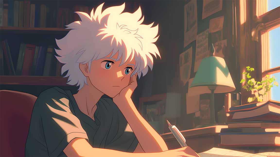 killua zoldyck art style studying desktop wallpaper cover