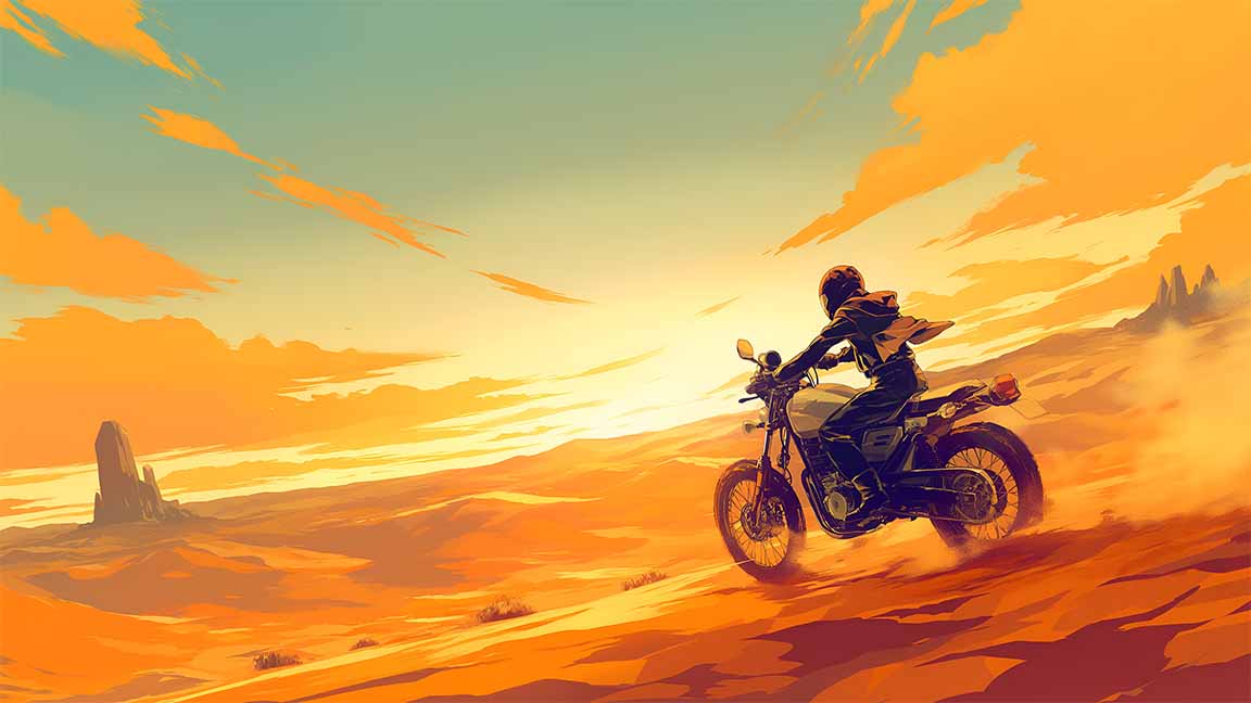 kino motorcycle sunset desert journey desktop wallpaper cover