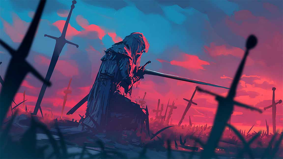 kneeling swordsman sunset desktop wallpaper cover