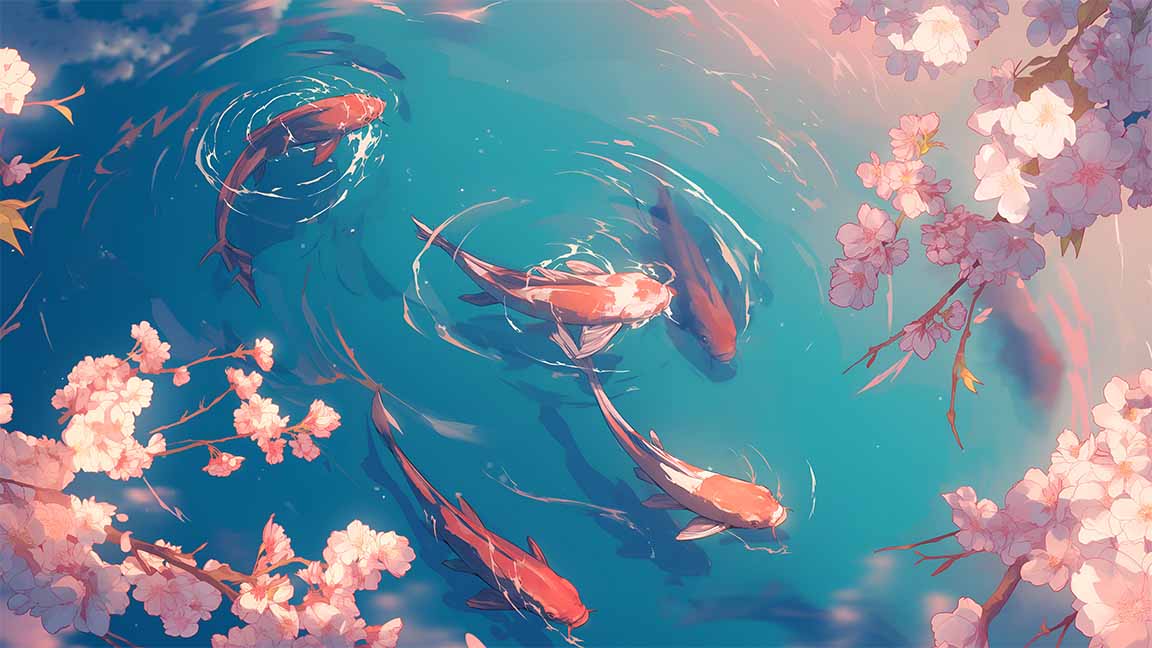 koi fish cherry blossom aesthetic pond desktop wallpaper cover