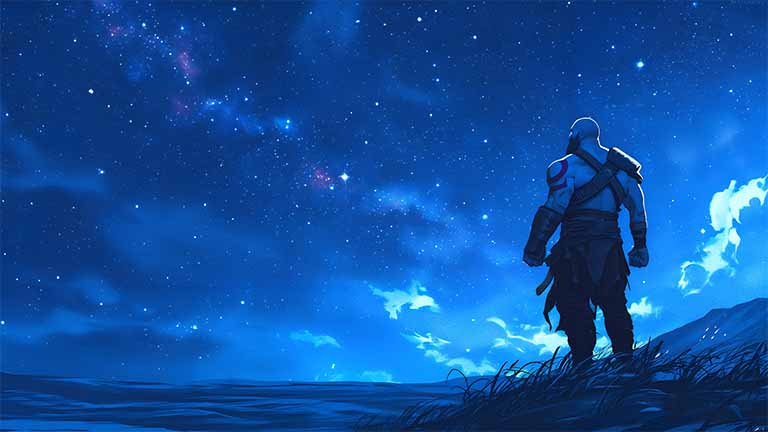 kratos under stars laptop wallpaper cover