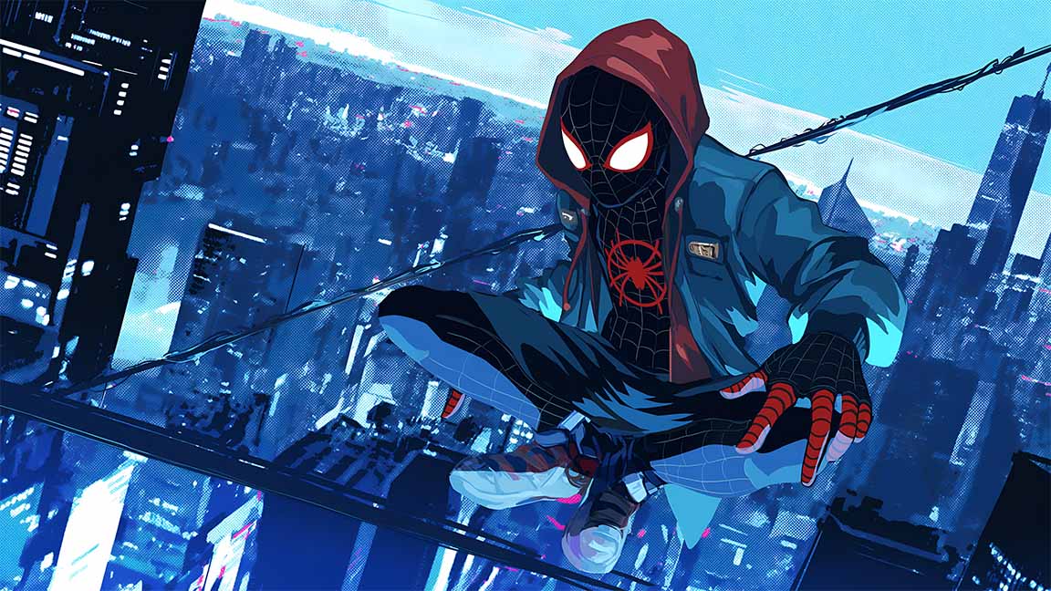 miles morales spider man city perch glitch style desktop wallpaper cover