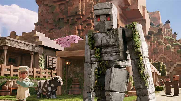 minecraft movie iron golem village protector desktop wallpaper cover