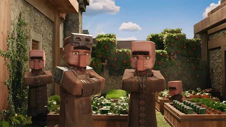 minecraft movie villagers in village desktop wallpaper cover