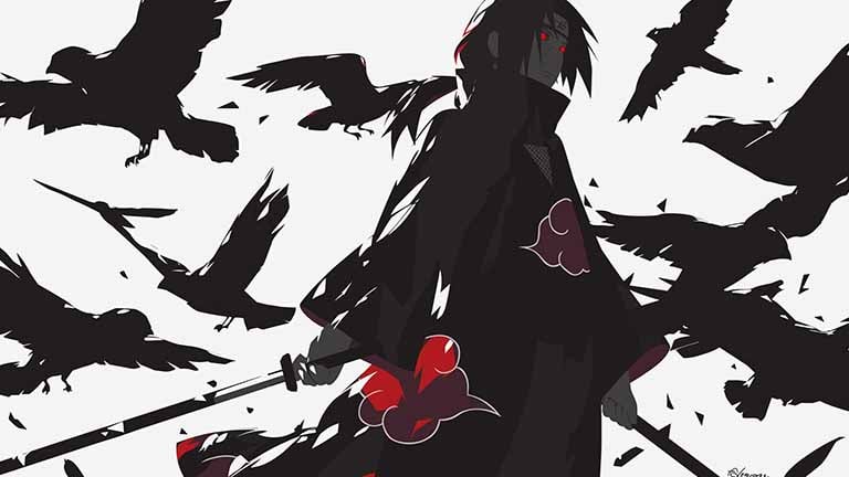 naruto itachi with his swords and crows desktop wallpaper cover