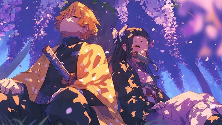nezuko zenitsu spring blossoms demon slayer desktop wallpaper cover