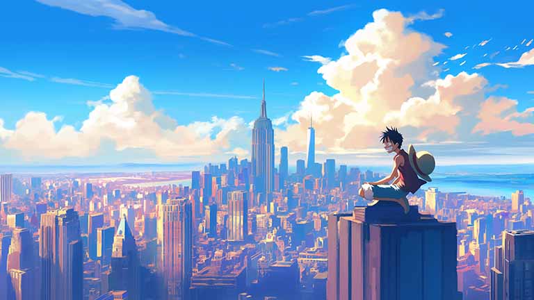 one piece luffy overlooking new york desktop wallpaper cover