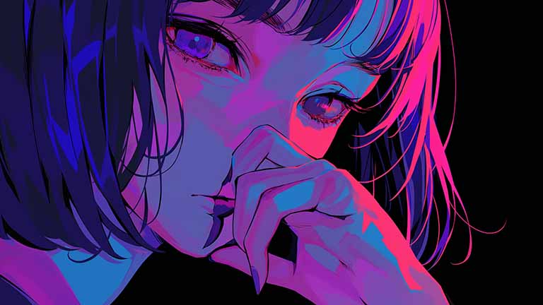 pensive anime girl neon lights desktop wallpaper cover