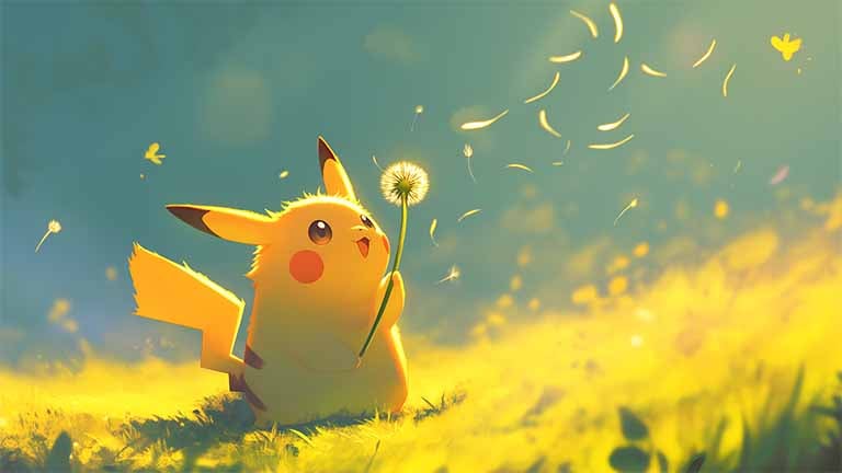 pikachu blowing dandelion fluffy seeds pc wallpaper cover