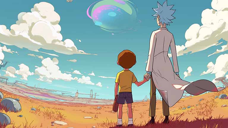 rick and morty observing alien world desktop wallpaper cover