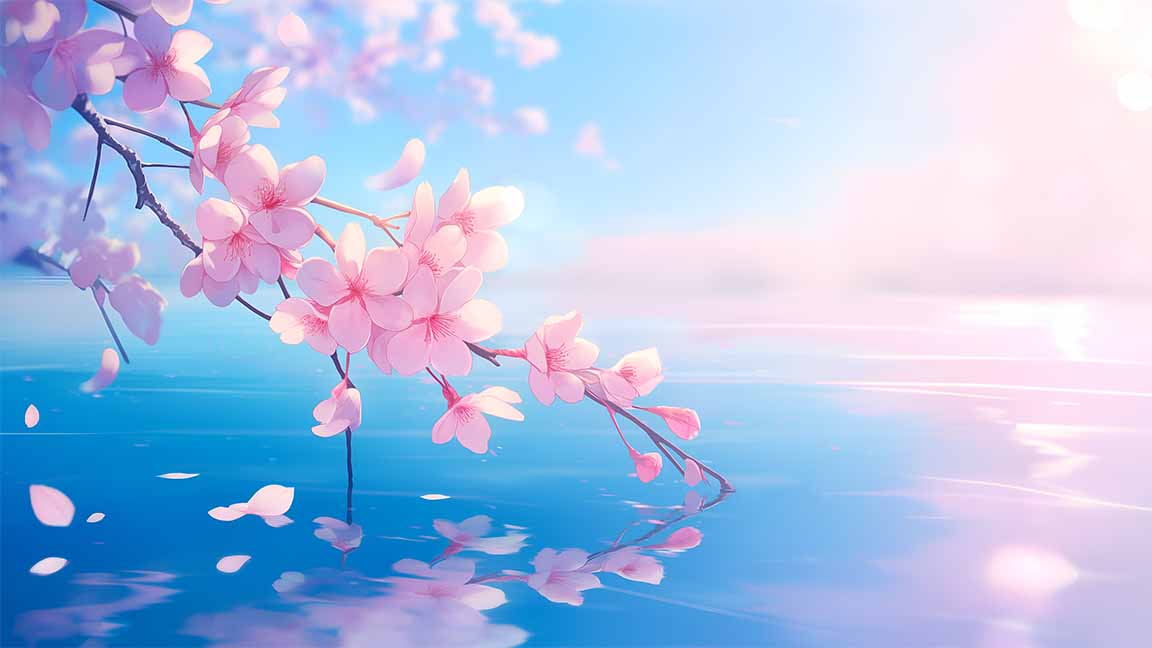 sakura branch floating river serene aesthetic desktop wallpaper cover