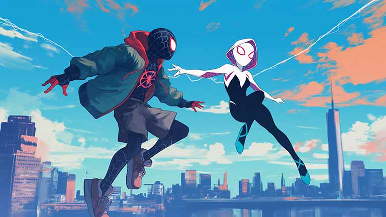 spider verse miles gwen swinging desktop wallpaper cover