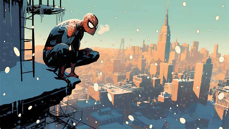 spiderman watching sunset over snowing nyc desktop wallpaper cover