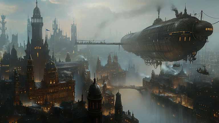 steampunk city airship desktop wallpaper cover