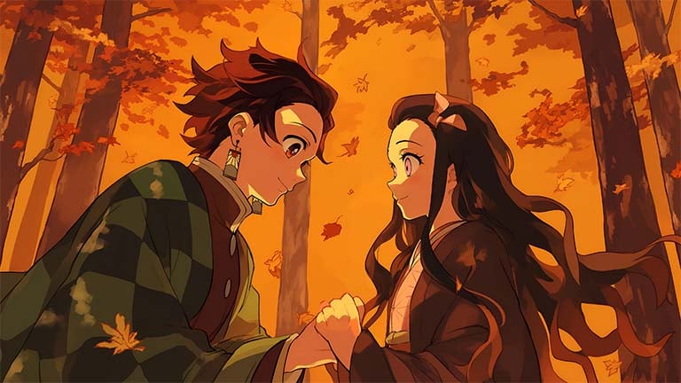 tanjiro and nezuko autumn desktop wallpaper cover
