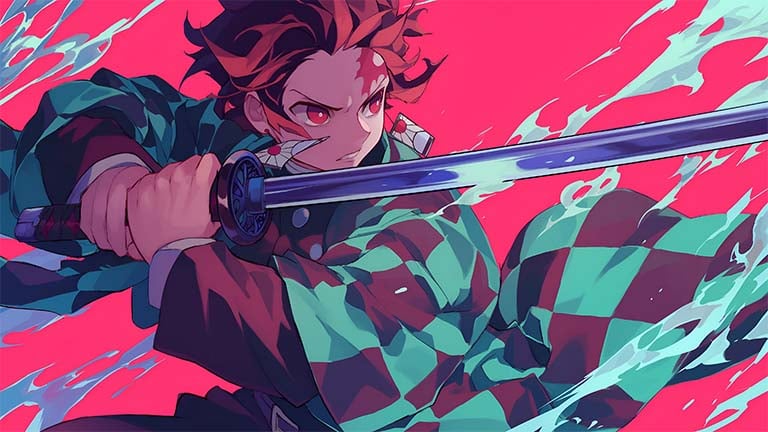 tanjiro fierce strike demon slayer desktop wallpaper cover