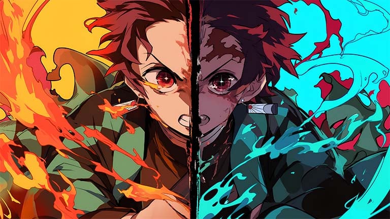 tanjiro fire and water split desktop wallpaper cover