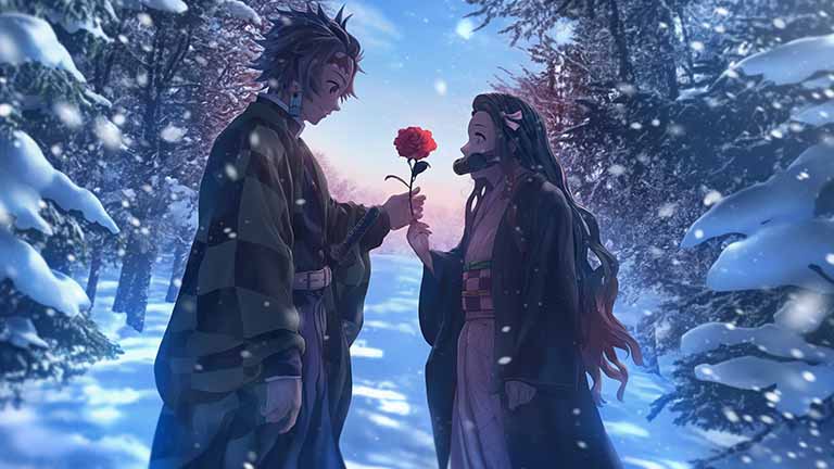 tanjiro giving nezuko a flower desktop wallpaper cover