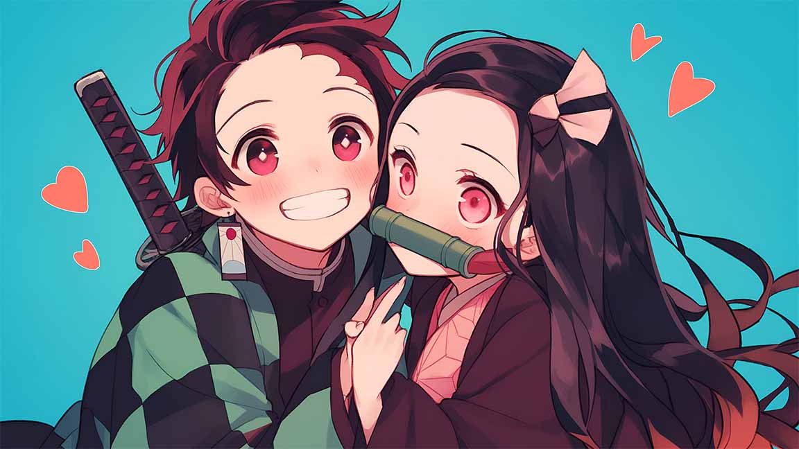 tanjiro nezuko chibi anime love pose desktop wallpaper cover