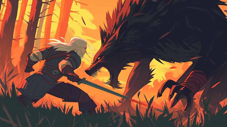 the witcher geralt fighting monster desktop wallpaper cover