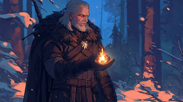 the witcher geralt fire hand desktop wallpaper cover