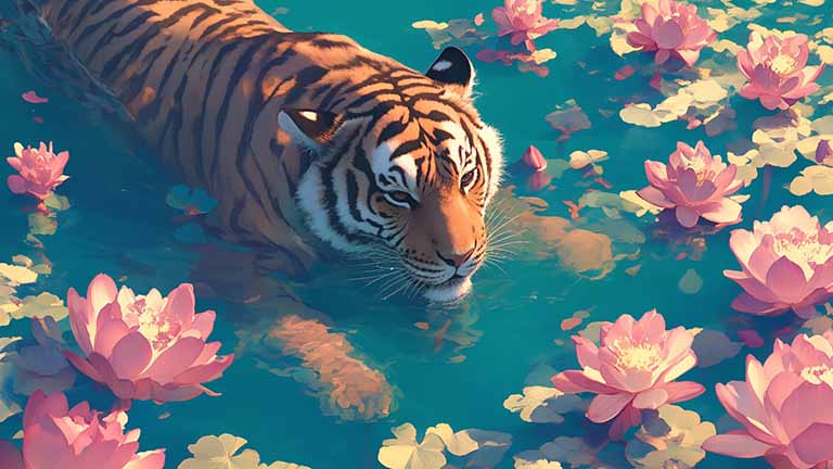 tiger in lotus pond desktop wallpaper cover