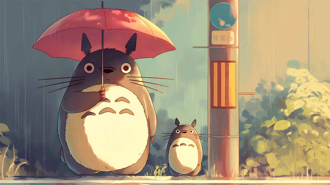 totoro umbrella rainy bus stop desktop wallpaper cover