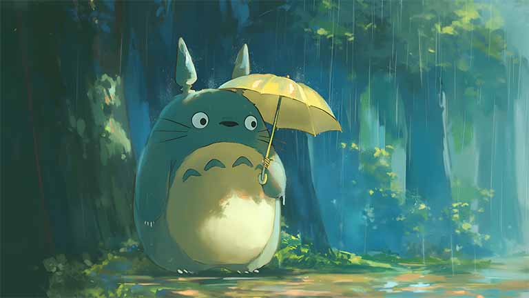 totoro with umbrella rain laptop wallpaper cover