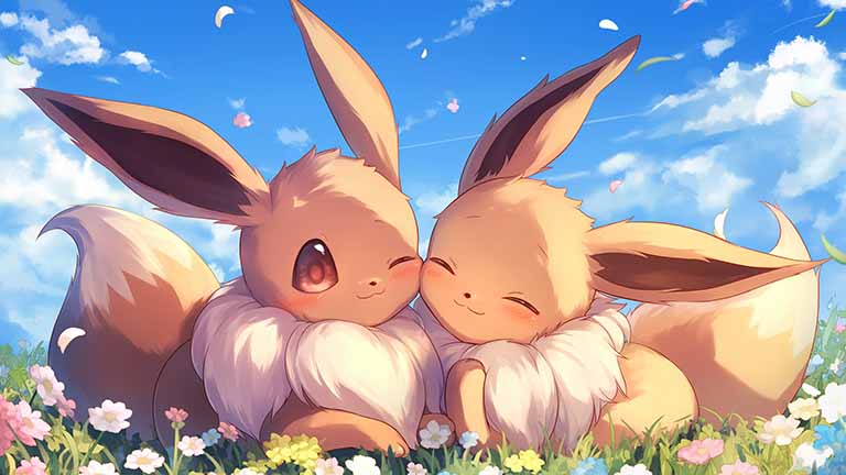 two eevees in flower field desktop wallpaper cover