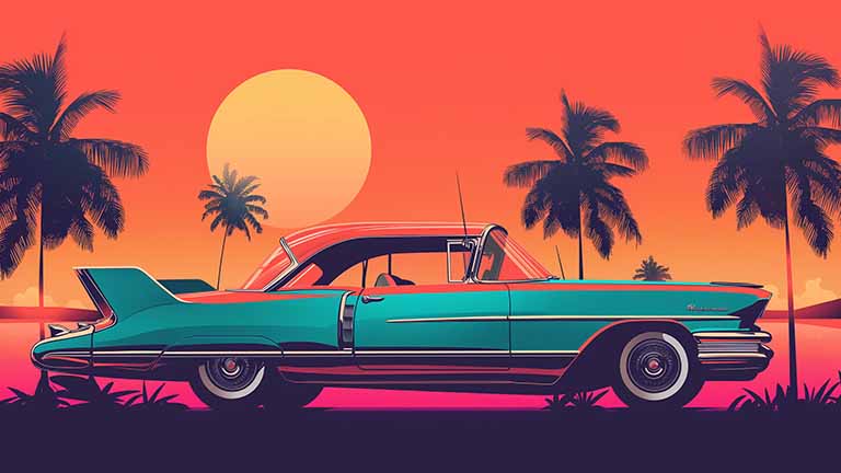 vintage cadillac beach sunset desktop wallpaper cover