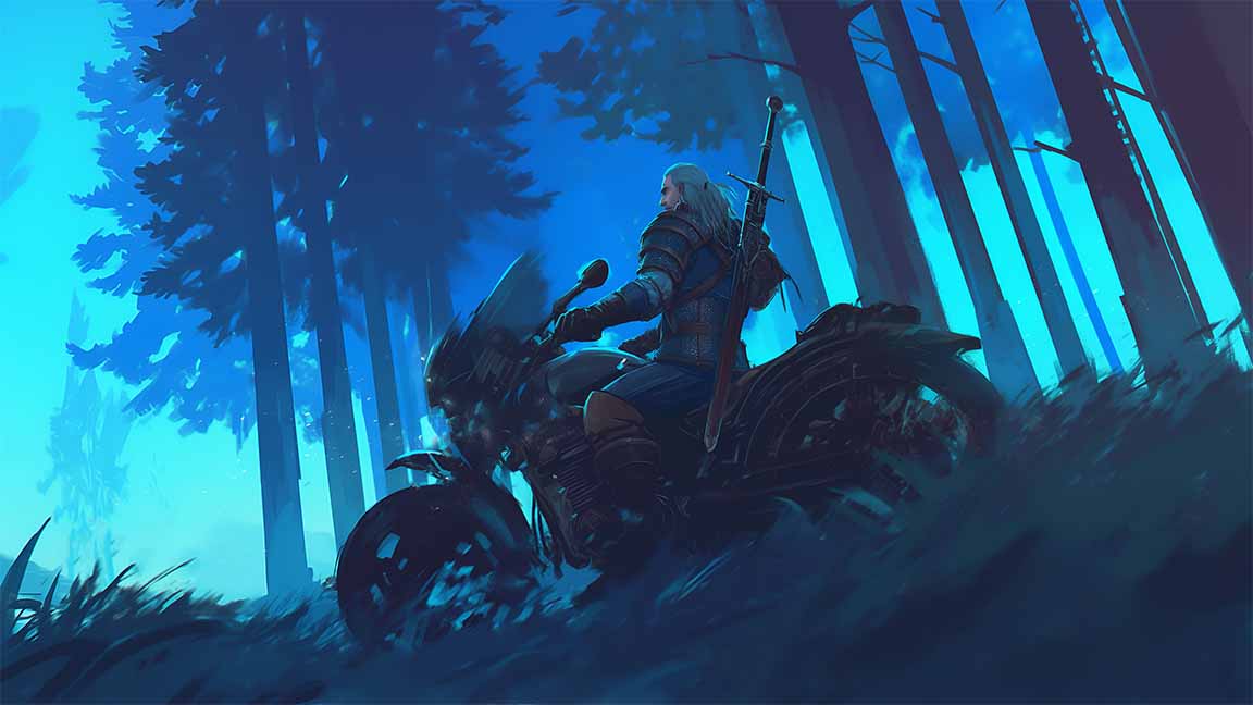 witcher geralt on motorbike night desktop wallpaper cover