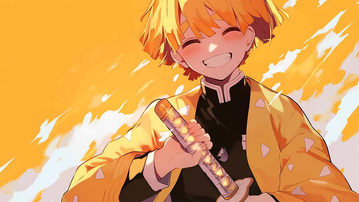 zenitsu smiling demon slayer yellow desktop wallpaper cover