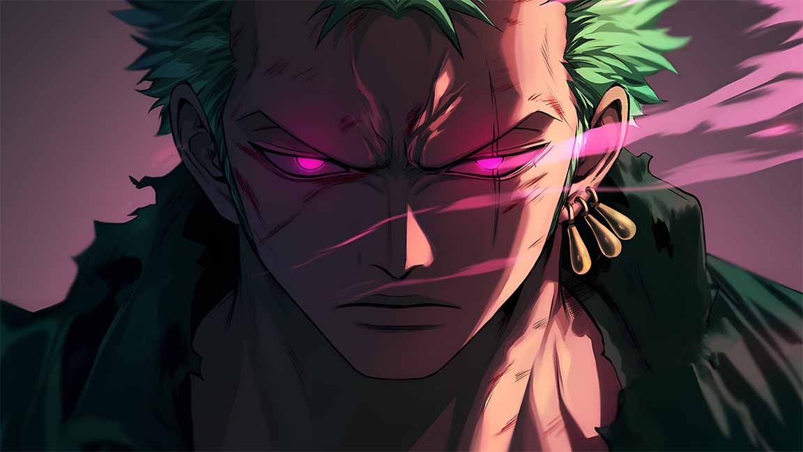 zoro pink glowing eyes intense stare desktop wallpaper cover
