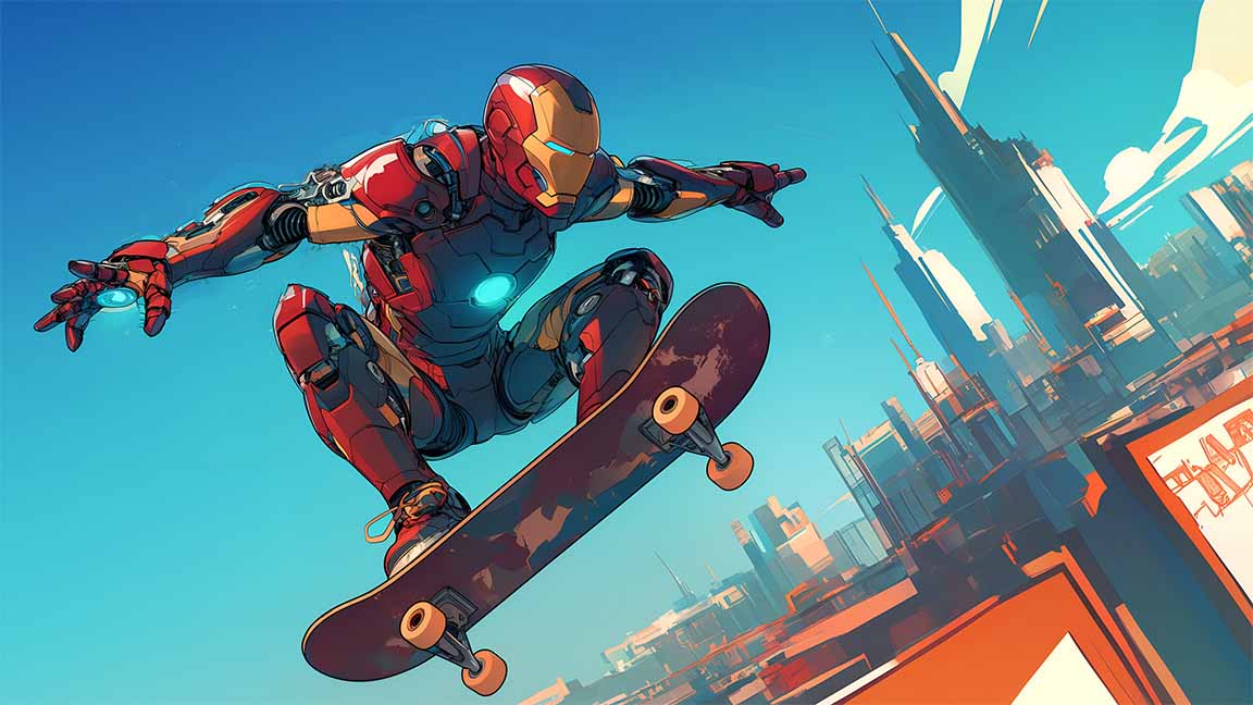 iron man skateboarding futuristic city desktop wallpaper cover