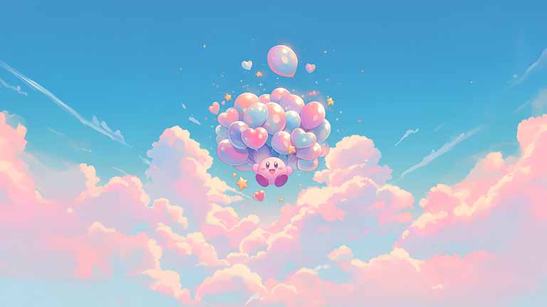 kirby floating with heart balloons desktop wallpaper cover