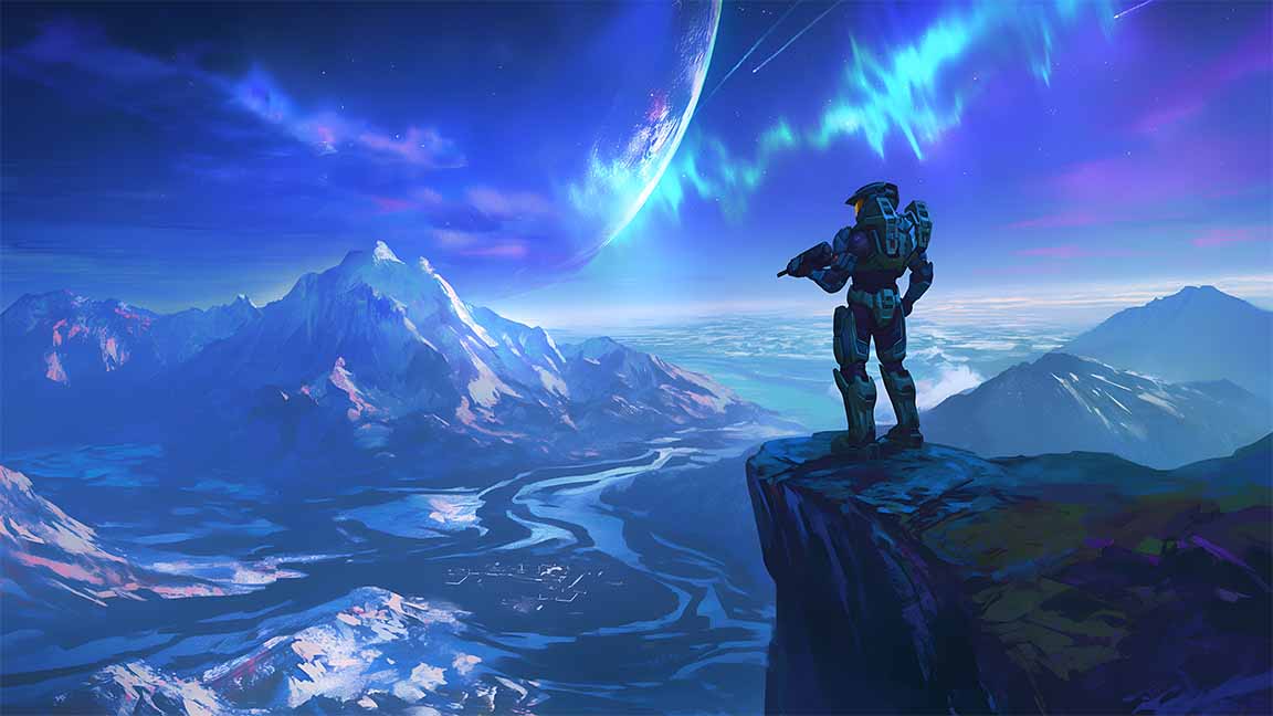 master chief cosmic mountainscape halo desktop wallpaper cover