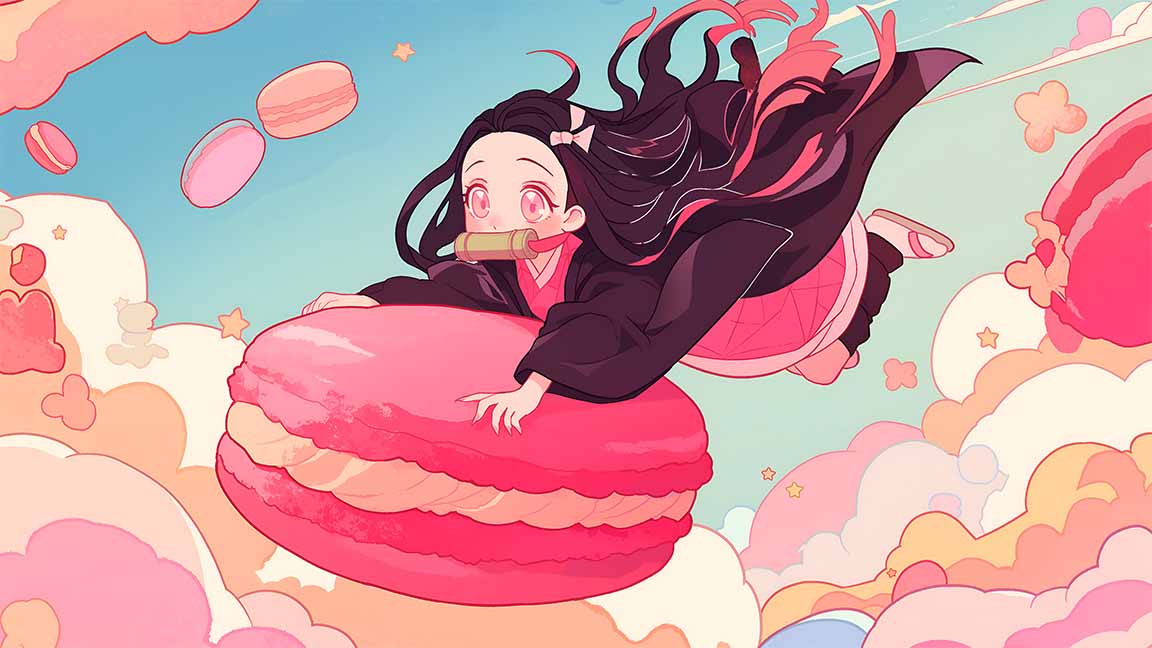 nezuko flying macaron dessert dream desktop wallpaper cover