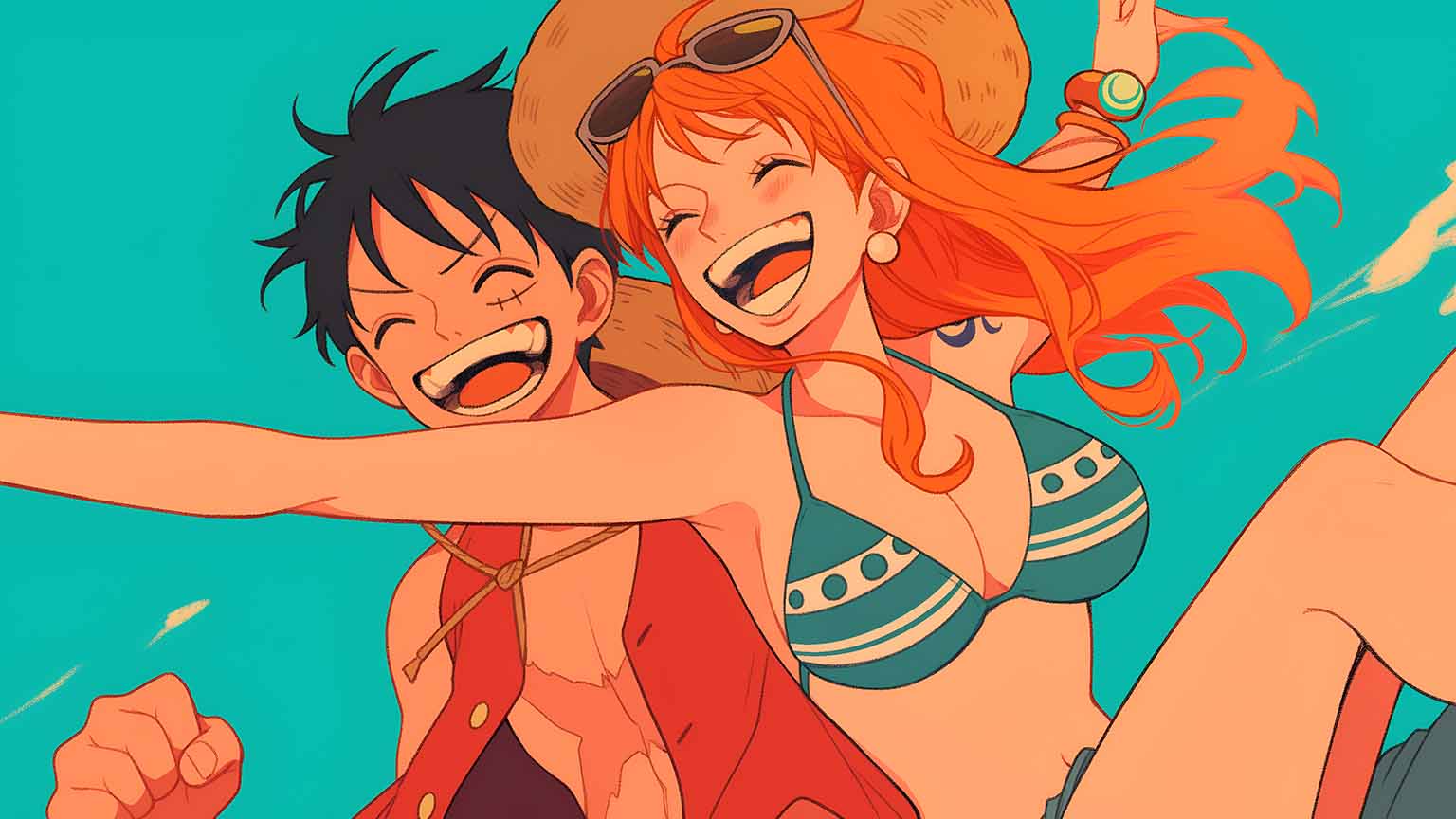 Free One Piece Luffy Nami Cartoon Voyage Desktop Wallpaper, image size:1536x864
